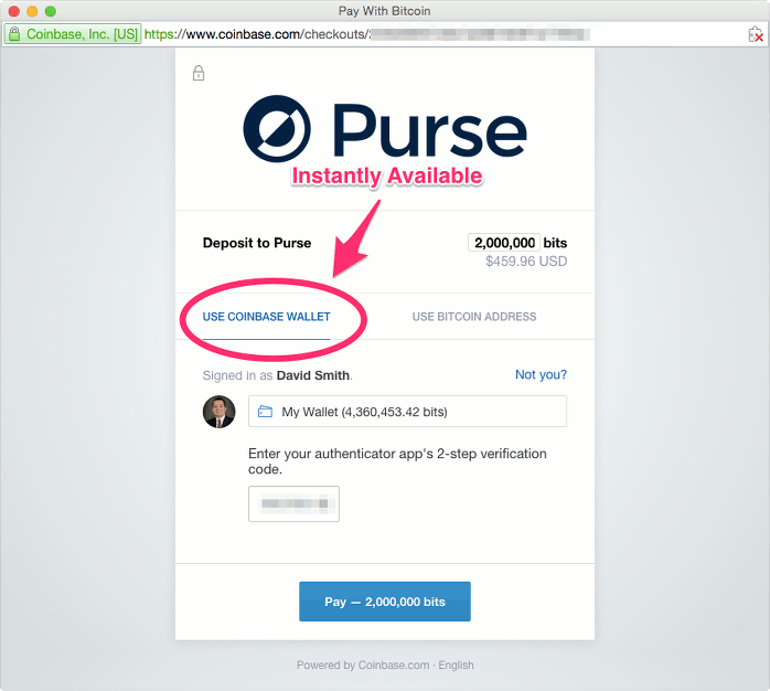 Deposit to purse with Coinbase wallet