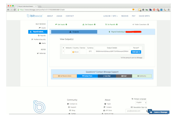 Bitwage - set bitcoin address screen.